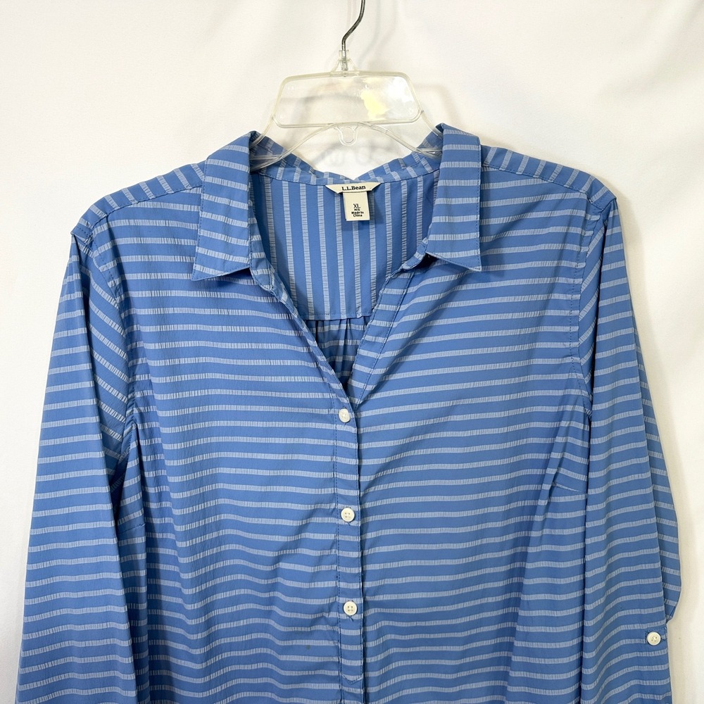 LL Bean XL Top Blue Striped Seersucker Button Down Coastal Preppy Office 990 - Picture 3 of 8